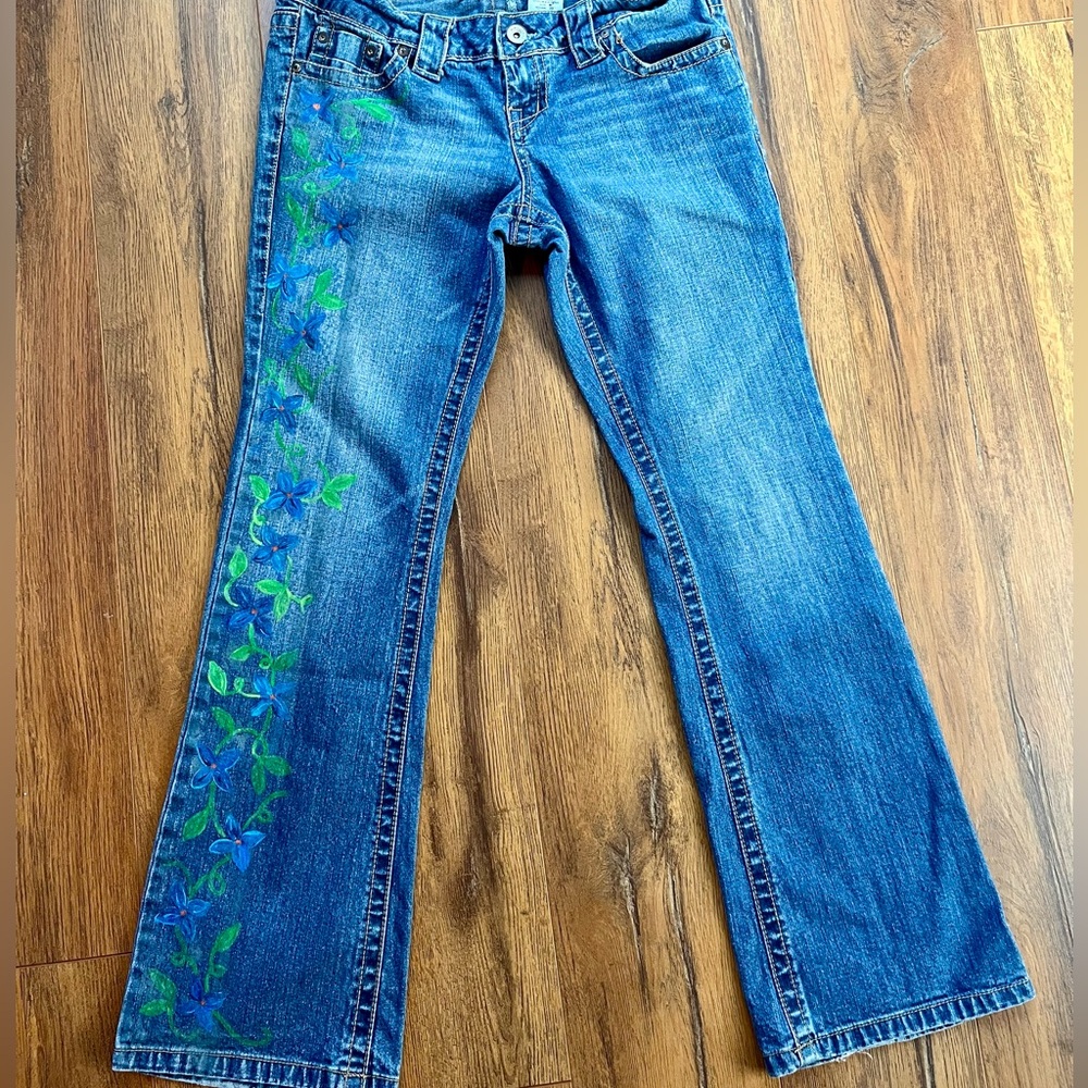 Hand-Painted Blue Floral Jeans